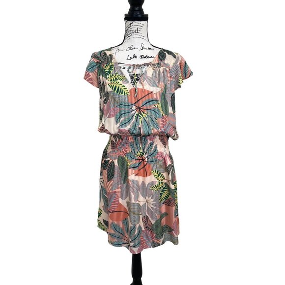 Parker Women's Size L Silk Dress Short Sleeve Tropical Print Dorel Floral - Picture 1 of 7